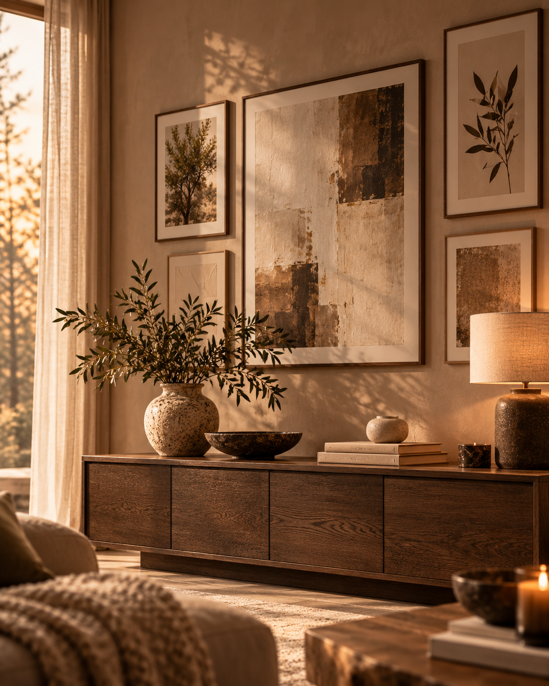 Wanddecoratie en ingelijste kunst in een warm Scandinavisch interieur